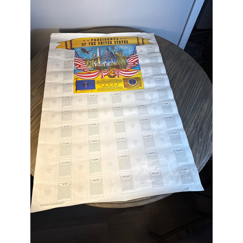 Vintage 1980 Kellogg US Presidents Poster 25x37 White Educational Chart